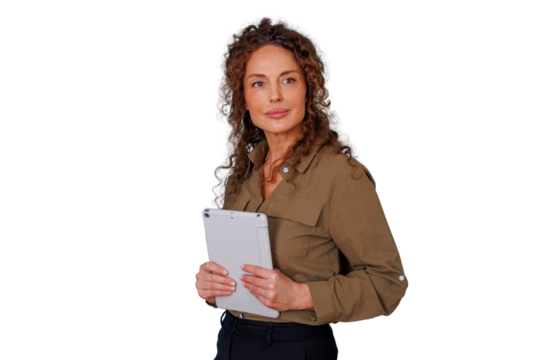 Mature businesswoman holding tablet, looking away, thinking about technology innovation, business development on transparent background