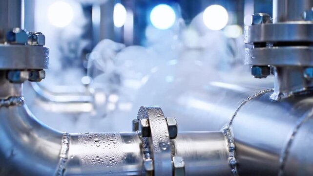Metallic pipes and fittings with steam rising, soft focus and bokeh effect