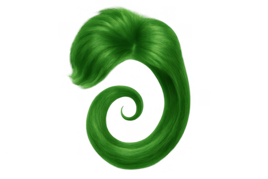 Green hair wig curl with a fantasy hairstyle and vibrant color for costume design on transparent background
