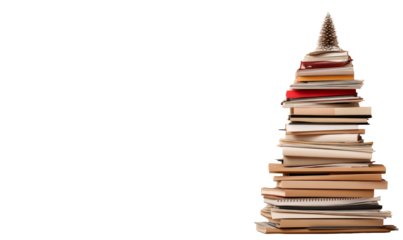 Stacked books creating a symbolic christmas tree, representing knowledge and holiday learning, with transparent background