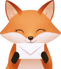 Naklejka premium Cute cartoon fox holding a white envelope, smiling with eyes closed, transparent background