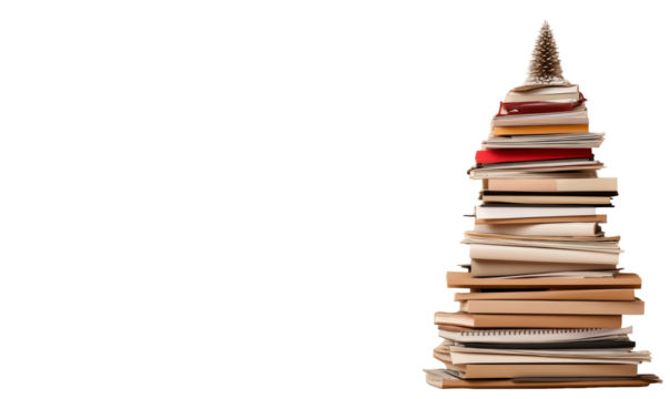 Stacked books creating a symbolic christmas tree, representing knowledge and holiday learning, with transparent background