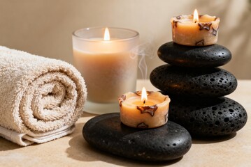 Spa relaxation scene with candles, towels and zen stones, ideal for wellness visuals, massage ads, meditation backgrounds and calming lifestyle content.
