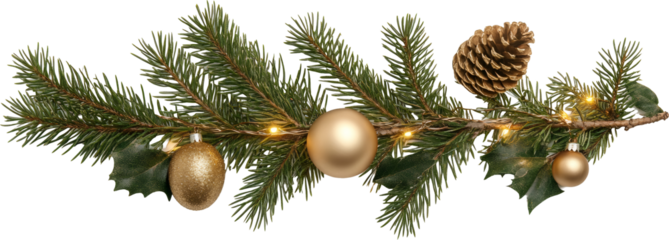 Christmas garland displaying pine branches, golden ornaments, string lights, and a transparent background