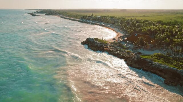 Aerial view of coastline with palm trees on beach and turquoise waves at sunset
