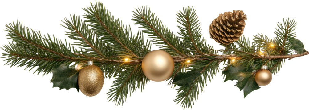 Christmas garland displaying pine branches, golden ornaments, string lights, and a transparent background