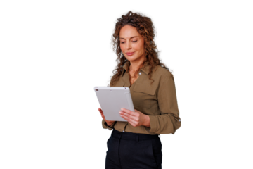 Professional woman using digital tablet for business communication, online learning and web browsing on transparent background