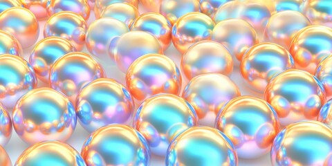 Iridescent pearls arranged in seamless abstract pattern with pastel colors on shiny surface. Reflective spheres background for luxury design, modern art or trendy decor concepts.