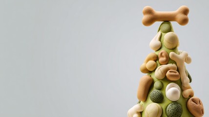 Tower of colorful dog biscuits topped with a bone against a neutral background