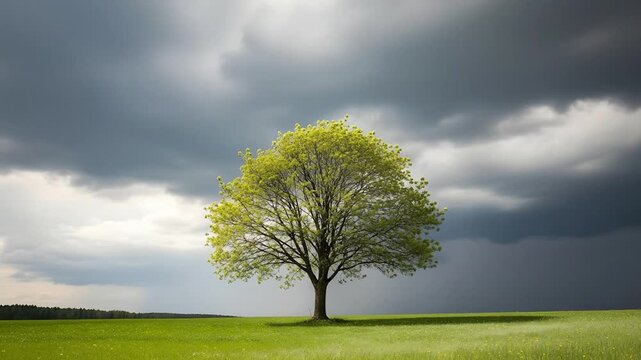 Stormy weather passing over a solitary tree standing in a green field