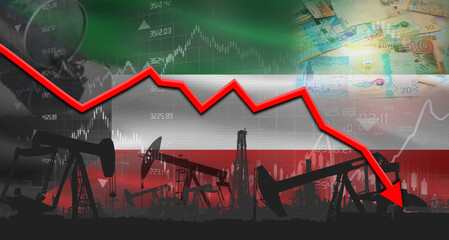 Fall oil price with Kuwaiti flag on economic chart, Petrol crisis with Kuwaiti flag on financial graph