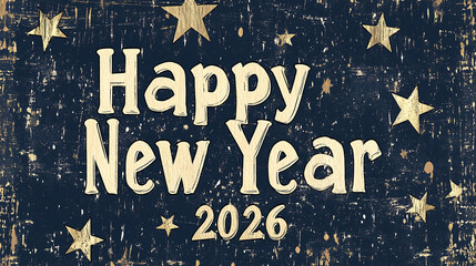 "Happy New Year 2026" message on dark blue backdrop with stars. Celebration design with vintage night theme