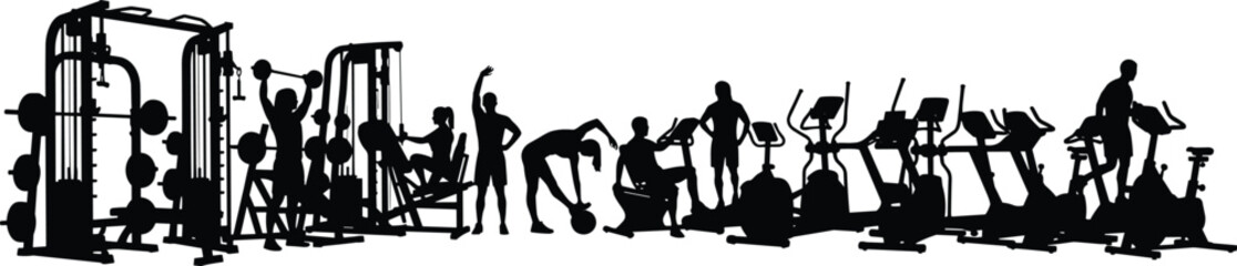 Black silhouette vector of people working out in a gym using weights and cardio machines, fitness concept.