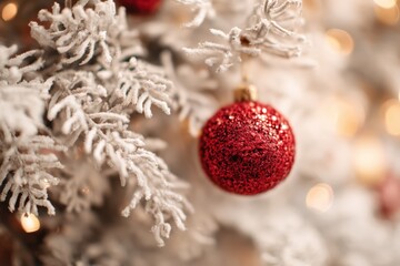 Red glitter ornament decorating a frosted white Christmas tree branch with warm bokeh lights and copy space