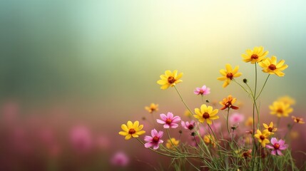 Obraz premium Delicate Wildflowers in Vibrant Colors Blomming on a Gentle Meadow Under a Soft Blurred Background with Nature's Serene Atmosphere