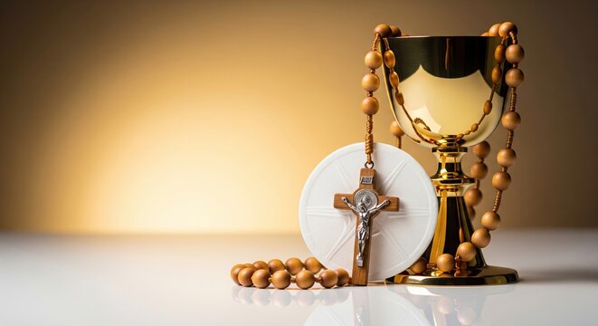 Sacred Christian Communion Symbols with Chalice Host and Rosary Beads
