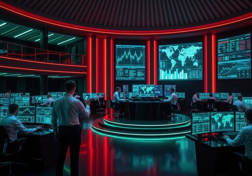 Global Financial Trading Room with Traders Analyzing Market Data on Screens - Powered by Adobe