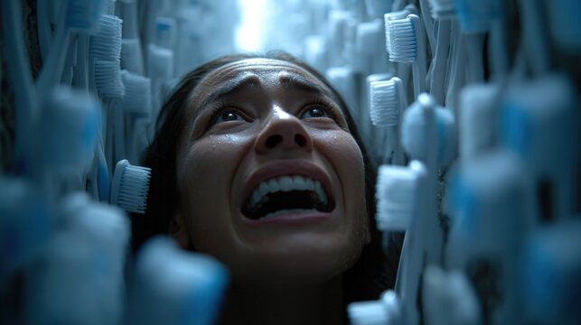 A woman with tears in her eyes is caught in a tangled maze of toothbrushes, symbolizing the feelings of entrapment and emotional distress prevalent in modern life, presented in a visually stunning co