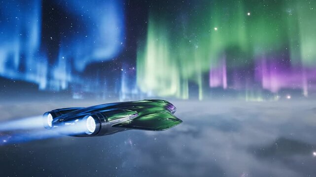 Emerald spaceship soars through ethereal auroras