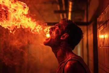 A mesmerizing scene captures a fire breather dramatically exhaling flames, showcasing skill and intensity in a dimly lit environment, embodying the art of performance and passion.