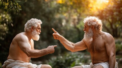 Two elderly men engage in a passionate dialogue under natural sunlight, emphasizing wisdom, conflict, and the profound nature of debate amidst a backdrop of greenery and tranquility.