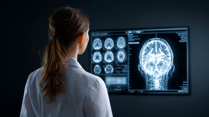 Female doctor in white coat examines large screen displaying brain scans, showcasing her dedication to medical science and patient care