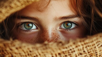 A close-up portrait captures a child's mesmerizing blue-green eyes filled with curiosity and innocence, inviting viewers to share in the wonder and beauty of childhood's simplicity and joy.