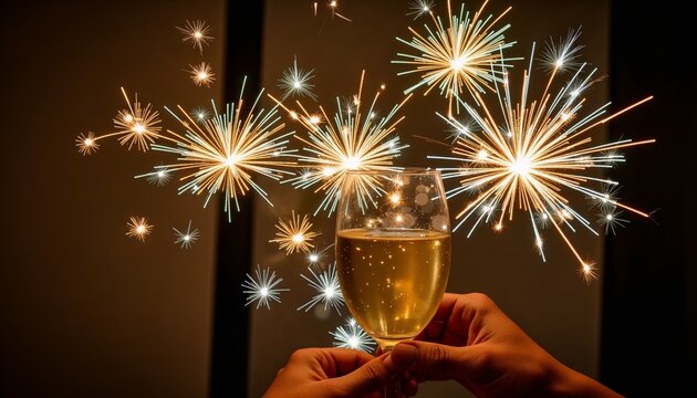 Festive celebration scene with sparkling fireworks behind a raised glass of champagne creating warm joyful holiday atmosphere and elegant party mood