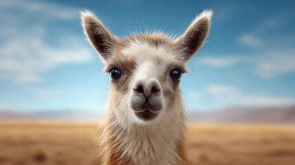 Obraz premium Close-up Portrait of a Curious Llama with Soft Fur Against a Clear Blue Sky in a Sunny Landscape