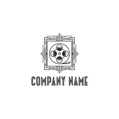 Vintage Film Reel Logo with Art Deco Frame Design.