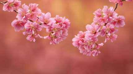 Naklejka premium Delicate Cherry Blossom Branch with Soft Pink Flowers Against a Blurred Pastel Background in Springtime, Evoking Serenity and Natural Beauty