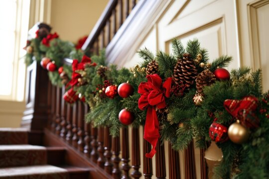 Christmas garland adorned with red bows and ornaments draping over a wooden stair banister, creating a festive holiday home interior