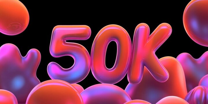 50k milestone graphic with vibrant glossy bubbles in abstract colorful style. Creative celebration concept with playful energy and modern design elements.