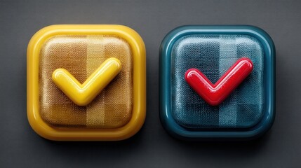 Iconic Check Mark Symbols in Yellow and Red Colors on Modern Square Buttons