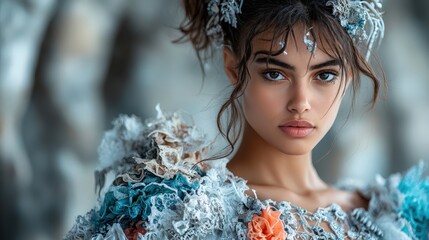An enchanting model adorned in a creative, nature-inspired outfit poses, displaying intricate details that symbolize the connection between fashion, art, and the natural world in a timeless setting.