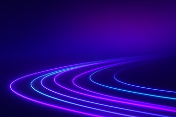 Abstract neon light trails curving on a vibrant purple background