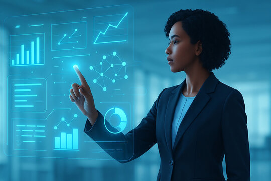 Businesswoman interacting with futuristic holographic data interface in modern office - Powered by Adobe