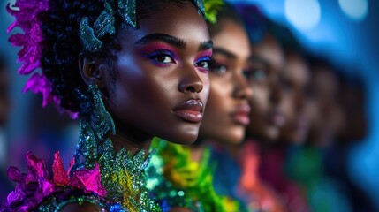 A model with vibrant makeup and colorful clothing stands amongst a line of counterparts, showcasing an artistic and expressive look that captures attention in a dynamic, contemporary setting.