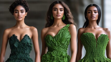 Three elegant models wear beautifully crafted dresses in shades of earthy green, showcasing sophistication, creativity, and style in a visually appealing and harmonious manner.