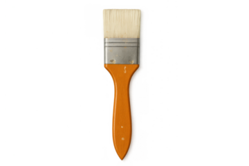 Flat paint brush with orange wooden handle and natural bristles, painting art tool for creative projects on transparent background