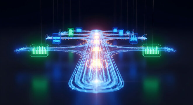 AI data pipeline with intelligent streaming processing glowing flow enterprise information processing automation, professional photography, studio quality, sharp focus, perfect exposure, balanced ligh