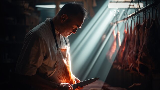 A skilled chef in deep concentration while preparing meat in a well-lit kitchen, showcasing the artistry and dedication behind culinary skills, evoking a sense of passion for cooking.
