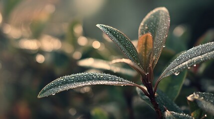 Close-Up of Dew Drops on Fresh Green Leaves Reflecting Morning Light in a Natural Garden Setting for Nature Photography