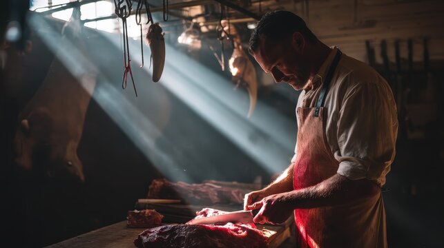 A dedicated butcher cutting meat with precision in a rustic environment, illuminated by soft sunlight, representing the craftsmanship and tradition of meat preparation in gastronomy.