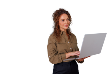 Businesswoman working on laptop, typing and thinking, looking confident. White background has been removed