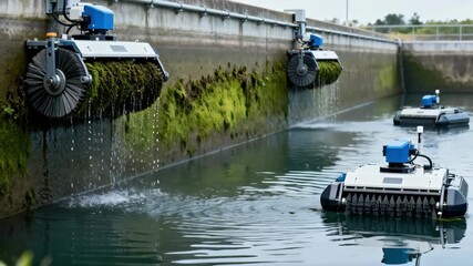 Medium shot of brush robots scrubbing algae and debris from reservoir walls showcasing autonomous maintenance in water catchment areas under natural daylight.