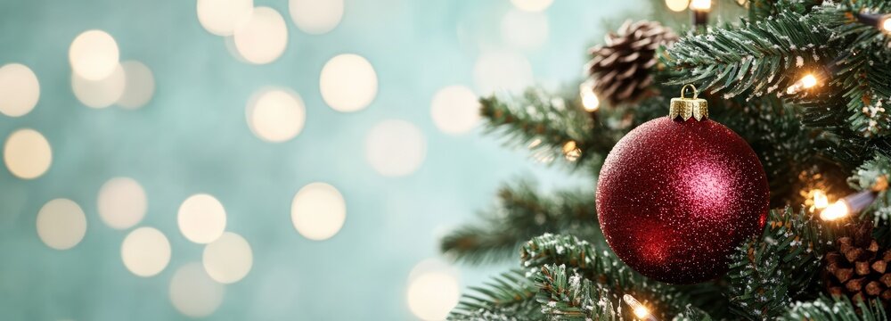 Christmas tree branch decorated with a red bauble ornament, pine cones, and twinkling lights against a bokeh background, with copy space