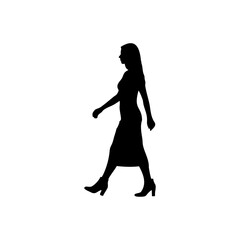 A silhouette of a woman walking with a dress and boots in a white background side view full body shot
