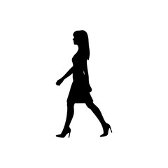 Silhouette of a woman walking in a dress and high heels against a white background in a simple style