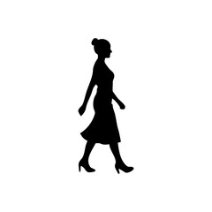 Silhouette of a woman with a bun wearing a dress and heels walking against a white background space filler